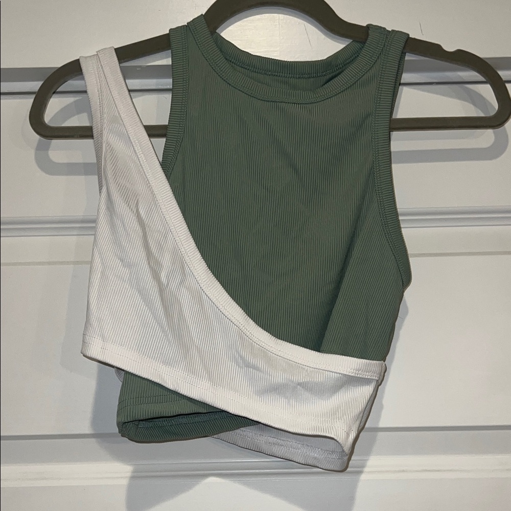 Green and White Asymmetrical Women's Top